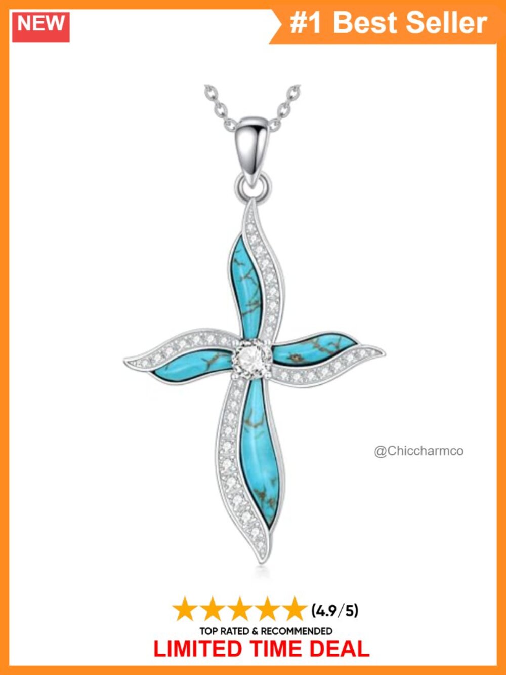 925 Sterling Silver Turquoise Cross Pendant Necklace for Women 18in